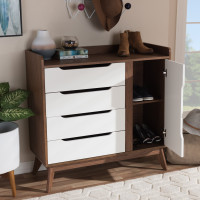 Baxton Studio Brighton-Walnut/White-Shoe-Cabinet Brighton Mid-Century Modern White and Walnut Wood Storage Shoe Cabinet